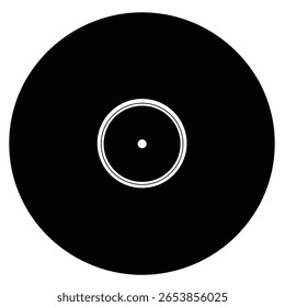 A black silhouette of a vinyl record against a white background The image is a simple vector graphic in a retro style