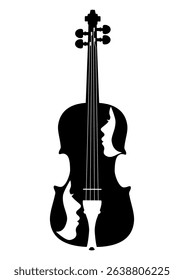 Black silhouette of a violin and two white female profiles, minimalist design for music logos, concert posters, album covers, illustrations of the spirituality of music