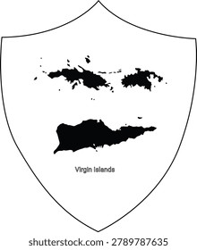 A black silhouette of the Virgin Islands archipelago is displayed inside a shield shape, with the text Virgin Islands below.