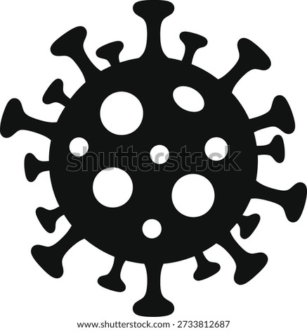 A black silhouette of a virus cell with protrusions on a pure white background, featuring circular indentations and bulbous spikes