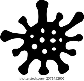 Black silhouette of a virus-like shape with multiple protruding spikes and several circular holes in the center, resembling a stylized representation of a microorganism.