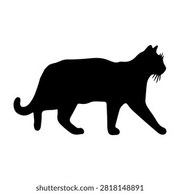 Black silhouette of a walking cat in profile, showcasing feline posture and movement against a plain background.