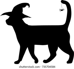 Black silhouette of walking cat in witch hat and spider on the tail isolated on white background. Vector illustration, icon, clip art. 