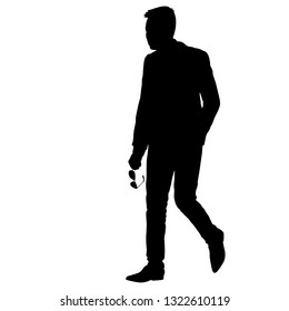 Black silhouette of a walking man with glasses in hand on a white background