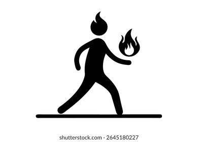 A black silhouette of a walking person holding a flame is shown against a white background The style is simple and minimalist