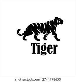 Black silhouette of a walking tiger isolated on white background. Minimalist vector illustration suitable for logo, mascot, branding, sports team, apparel, and wildlife design projects.