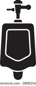 Black silhouette of a wall-mounted urinal with a flush handle, isolated on a white background bathroom