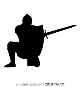 A black silhouette of a warrior crouching with a sword, emphasizing strength, readiness, and combat stance in a minimalist style.