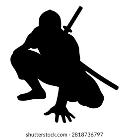 A black silhouette of a warrior crouching with a sword, emphasizing strength, agility, and readiness in a dynamic pose.