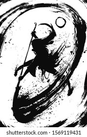Black silhouette warrior with Eastern halberd naginata, makes a circular incision describing a beautiful ink circle . 2D illustration.