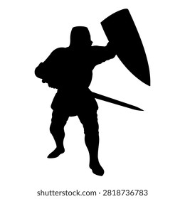 A black silhouette of a warrior figure wielding a shield and sword, symbolizing strength, defense, and combat readiness in a minimalist style.