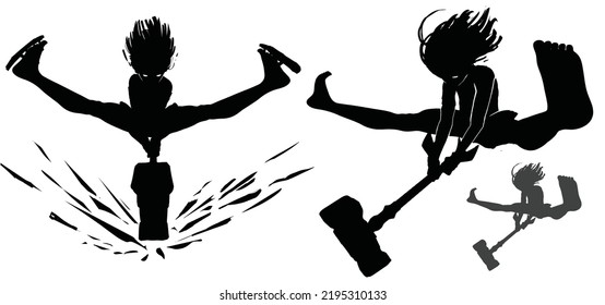 A black silhouette with a warrior girl, she is a teenage anime character delivering a crushing blow with her hammer in an epic acrobatic pose. 2d dynamic vector art.