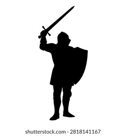 A black silhouette of a warrior holding a sword aloft and a shield, symbolizing strength, bravery, and combat readiness in a heroic stance.