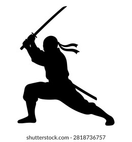 Black silhouette of a warrior holding a sword in a combat-ready stance, emphasizing strength, agility, and martial arts discipline.
