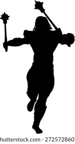 Silueta negra de un guerrero empuñando dos mazas con púas. La figura tiene una construcción muscular y una postura dinámica, que simboliza la fuerza, la preparación para el combate y la energía feroz.