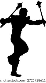 Silueta negra de un guerrero empuñando dos mazas con púas. La figura tiene una construcción muscular y una postura dinámica, que simboliza la fuerza, la preparación para el combate y la energía feroz.