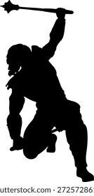 Silueta negra de un guerrero empuñando dos mazas con púas. La figura tiene una construcción muscular y una postura dinámica, que simboliza la fuerza, la preparación para el combate y la energía feroz.