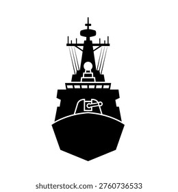 A black silhouette of a warship viewed from the front, featuring a prominent gun turret and radar mast.