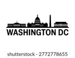 A black silhouette of the Washington DC skyline featuring the Capitol, Washington Monument, and Lincoln Memorial on a white background.