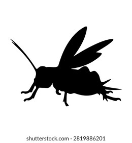 A black silhouette of a wasp showcasing its wings, antennae, and segmented body against a white background.