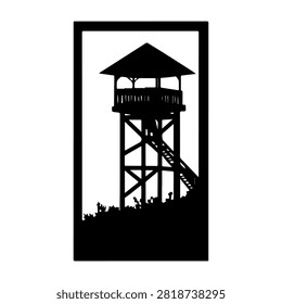 Black silhouette of a watchtower featuring a staircase, railing, and roof, set against a plain background, emphasizing structure and design.