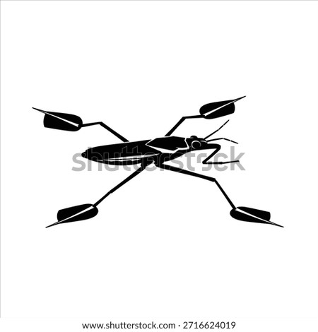 Black silhouette of water strider, insect illustration, top view, isolated on white background, water bug, creative design element, pond dweller.
