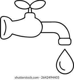 Black silhouette water tap icon with drop and leaf symbols save water concept
