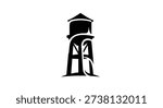 A black silhouette of a water tower on a white background. The illustration features the tower