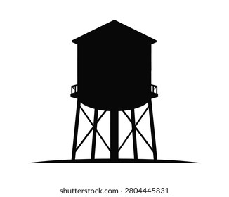 A black silhouette of a water tower with a pointed roof and metal supports on a white background.   
