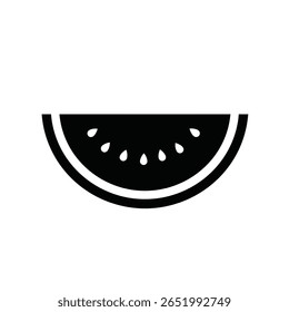 A black silhouette of a watermelon slice against a white background The slice is depicted simply with seeds and rind lines. The style is minimalist and vector based.