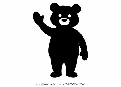 Black silhouette of waving toy bear isolated on a white background. Cute baby plush bear. Concept of kids toys, childhood, fun, game, playtime, minimalist design. Print, icon, design element