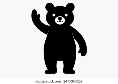 Black silhouette of waving toy bear isolated on a white background. Cute baby plush bear. Concept of kids toys, childhood, fun, game, playtime, minimalist design. Print, icon, design element