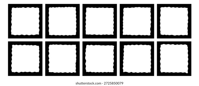 Kit de marco cuadrado ondulado de silueta negra. Colección de borde de imagen de onda linda de vieira cuadrada. Conjunto de forma de marco ondulado de vieira. Ilustración vectorial