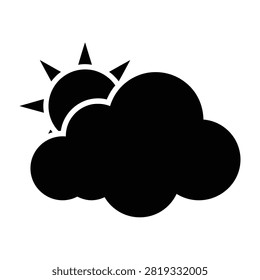 Black silhouette weather icon featuring sun partially hidden behind cloud. Symbolizes sunny intervals and cloudy forecast. Simple graphic design for meteorology.