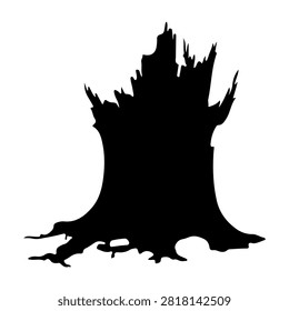 A black silhouette of a weathered tree stump with sprawling roots, isolated on a white background, emphasizing natural decay and forest remnants.