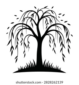 A black silhouette of a weeping willow tree with drooping branches and leaves on a white background