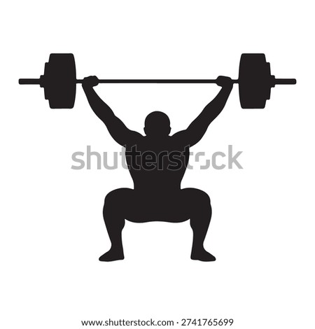 Black silhouette of a weightlifter performing a snatch or overhead squat with the barbell fully extended and knees bent deep, isolated vector.