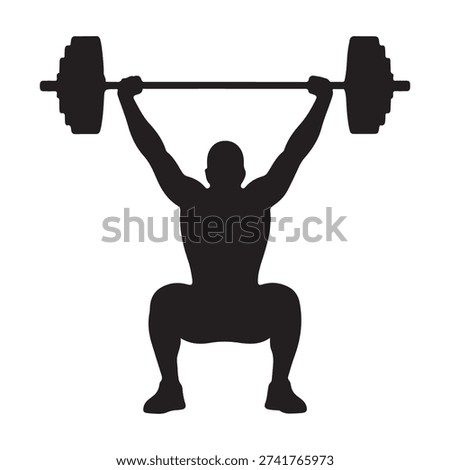 Black silhouette of a weightlifter performing a snatch or overhead squat with the barbell fully extended and knees bent deep, isolated vector