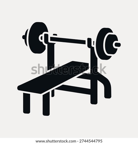 Black silhouette of a weightlifting bench with a barbell and weight plates on a light grey background