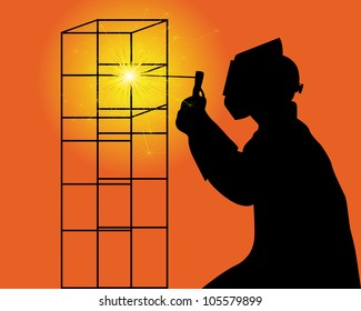 black silhouette of a welder on an orange background