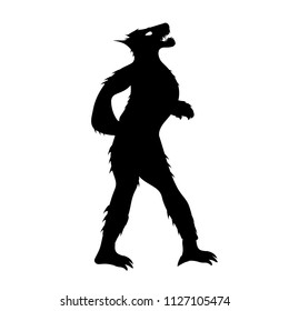 Black silhouette of Werewolf. Fantastic mythological creature animals, beast - Werewolf. Werewolf, wolfman Modern flat cartoon vector illustration icons. Isolated on white. Werewolf - wolf. Halloween.