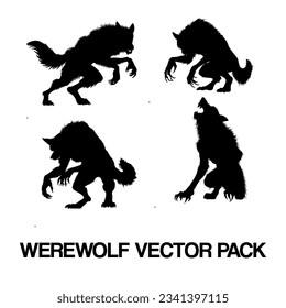 Black silhouette of a werewolf. vector pack of werewolf illustrations. icon set of a wolf. graphic element for Halloween design.