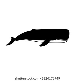 A black silhouette of a whale in profile, showcasing its distinctive shape and features, set against a plain white background.