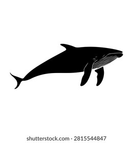 Black silhouette of a whale in side profile view, showcasing its distinctive body shape and fins against a plain white background.
