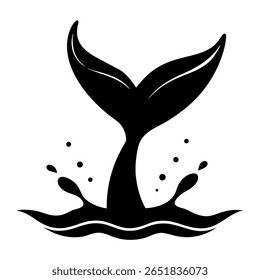 Black Silhouette of Whale Tail Splashing Out of Water – Marine Animal Icon, Ocean Wildlife Vector, Sea Creature Symbol, Nature Conservation Design, Minimalist Aquatic Graphic, Marine Life Art

