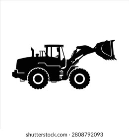 A black silhouette of a wheel loader with a raised bucket