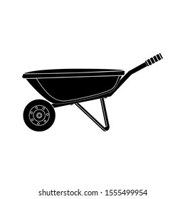 Black silhouette wheelbarrow garden tool equipment side view isolated on a white background. Agriculture, gardening, gardening. Vector image isolated on a white background.