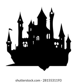 Black silhouette of a whimsical castle featuring multiple spires, towers, and turrets, set against a plain background, evoking fairy tale imagery.
