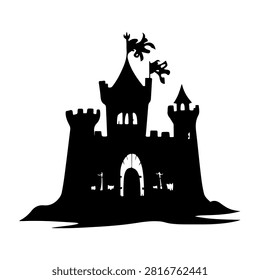 Black silhouette of a whimsical castle featuring towers and dragon sculptures, evoking fairy tale and fantasy themes.