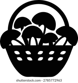 Black silhouette of a wicker basket filled with freshly picked mushrooms mushroom foraging